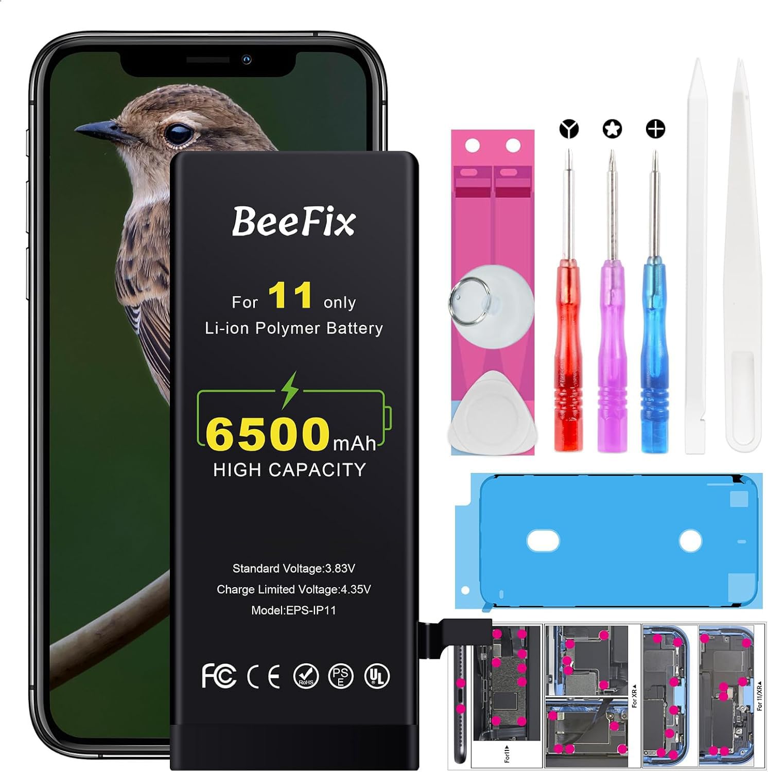 Batteria per iPhone 11: Batteria Li-Ion 6500mAh alta capacità per iPhone 11 con strumenti riparazione professionali Compatibile con modelli A2111/ A2221/ A2223