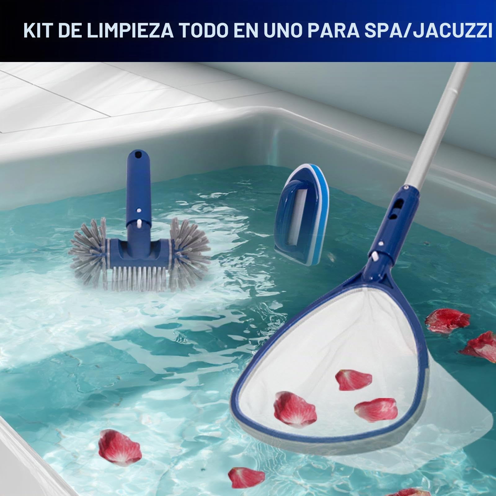 POOLAZA Kit de Limpieza para Piscina y SPA, 4 Piezas, Pértiga de Aluminio | Malla Fina para Residuos Pequeños, Cepillo de Cerdas Onduladas, Estropajo para Línea de Flotación, Pértiga de 91,5 cm