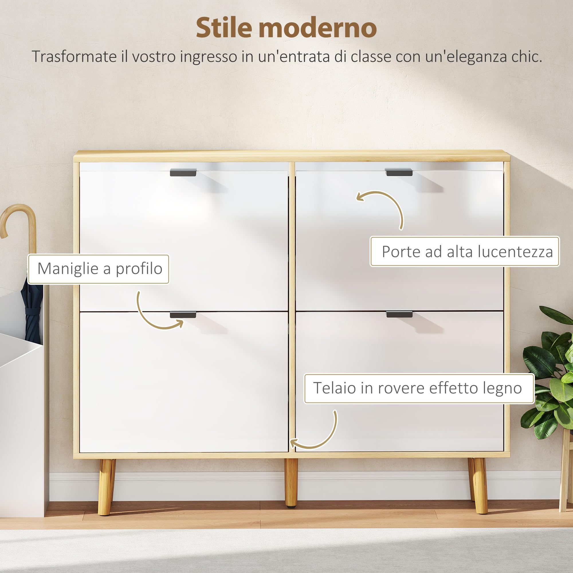 HOMCOM Scarpiera Salvaspazio Slim con 4 Ante a Ribalta, Scarpiera Ingresso con Ripiani Regolabili su 2 Livelli e Base Rialzata, Porta Scarpe per 20 Paia con Maniglia, 105x24x92.5 cm, Bianco Lucido