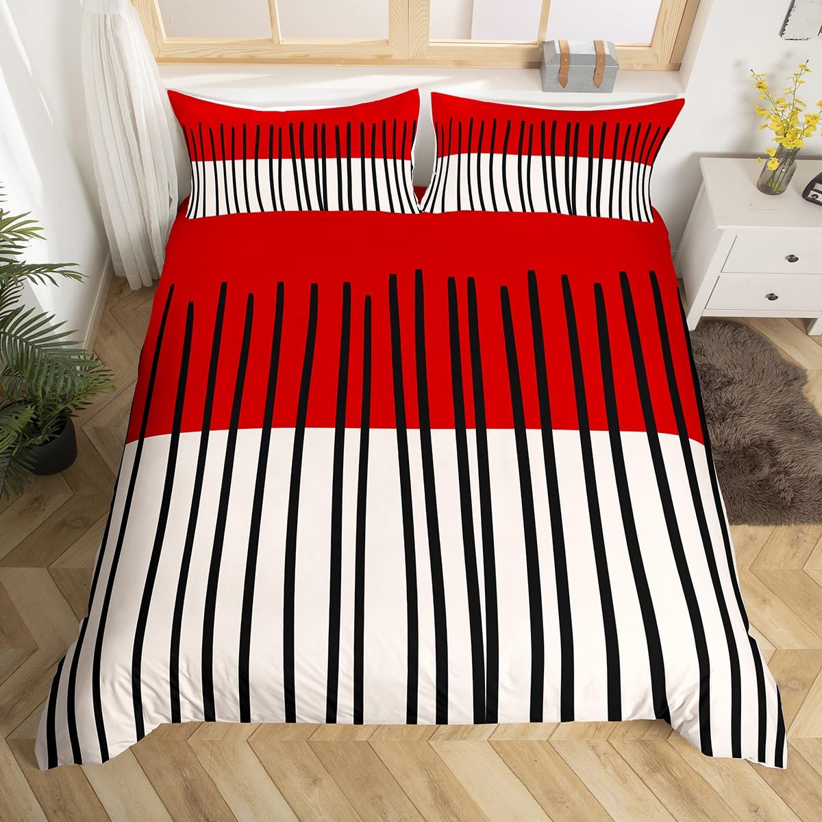 Homewish Red White Geometric Super King Duvet Cover Set - Abstract Black Vertical Striped Bedding Set with Zipper Closure - Mid-Century Art Deco Microfiber Quilt Cover Modern Stylish Bed Sets