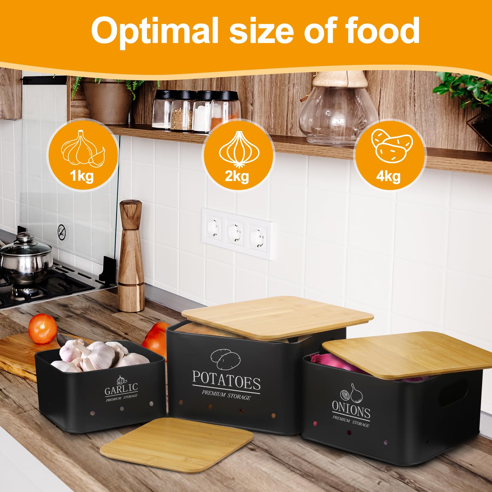 Caja Para Guardar Patatas - Juego de 3 Tarros de Patatas Tarro de Cebolla Tarro de ajo - Almacenamiento Cocina con Tapa de bambú y Orificios de Ventilación - Almacenamiento Espacioso - Negro