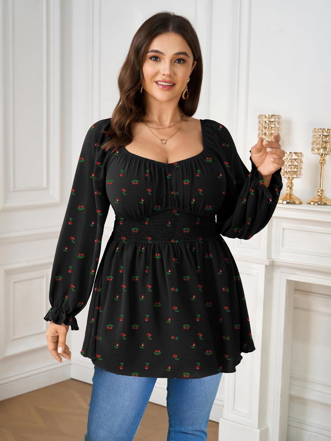 Plus Size Blouses for Curvy Women Dressy Casual Long Sleeve Sweetheart Neckline Smocked Business Work Fall Tops - Image 2