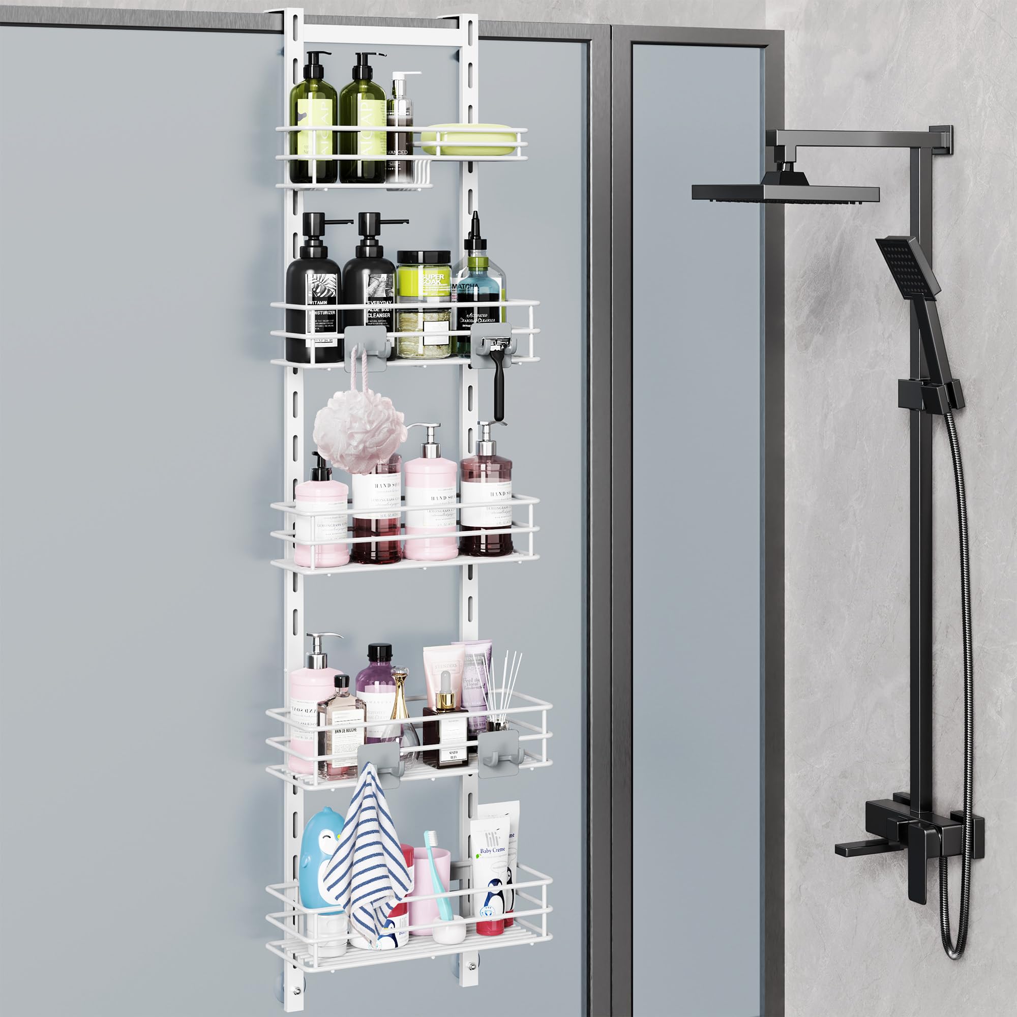 Orimade Mensola portaoggetti da appendere alla porta della doccia, regolabile, 5 ripiani, da appendere al bagno, antiruggine, con 4 ganci, cestino per doccia con portasapone e ventosa, bianco