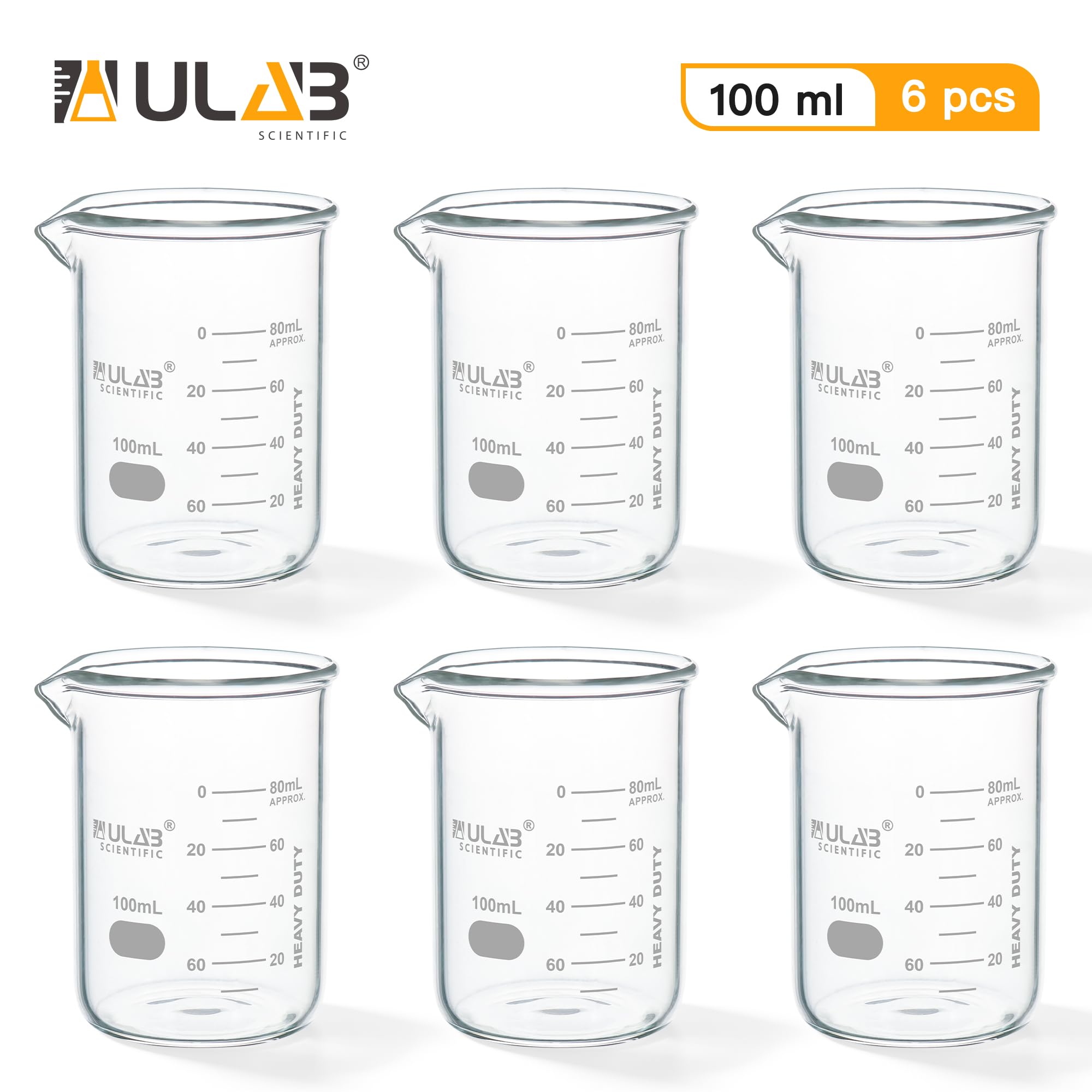 ULAB Scientific UBG1014 Lot de 6 gobelets en verre borosilicate 3.3 avec graduation imprimée 100 ml