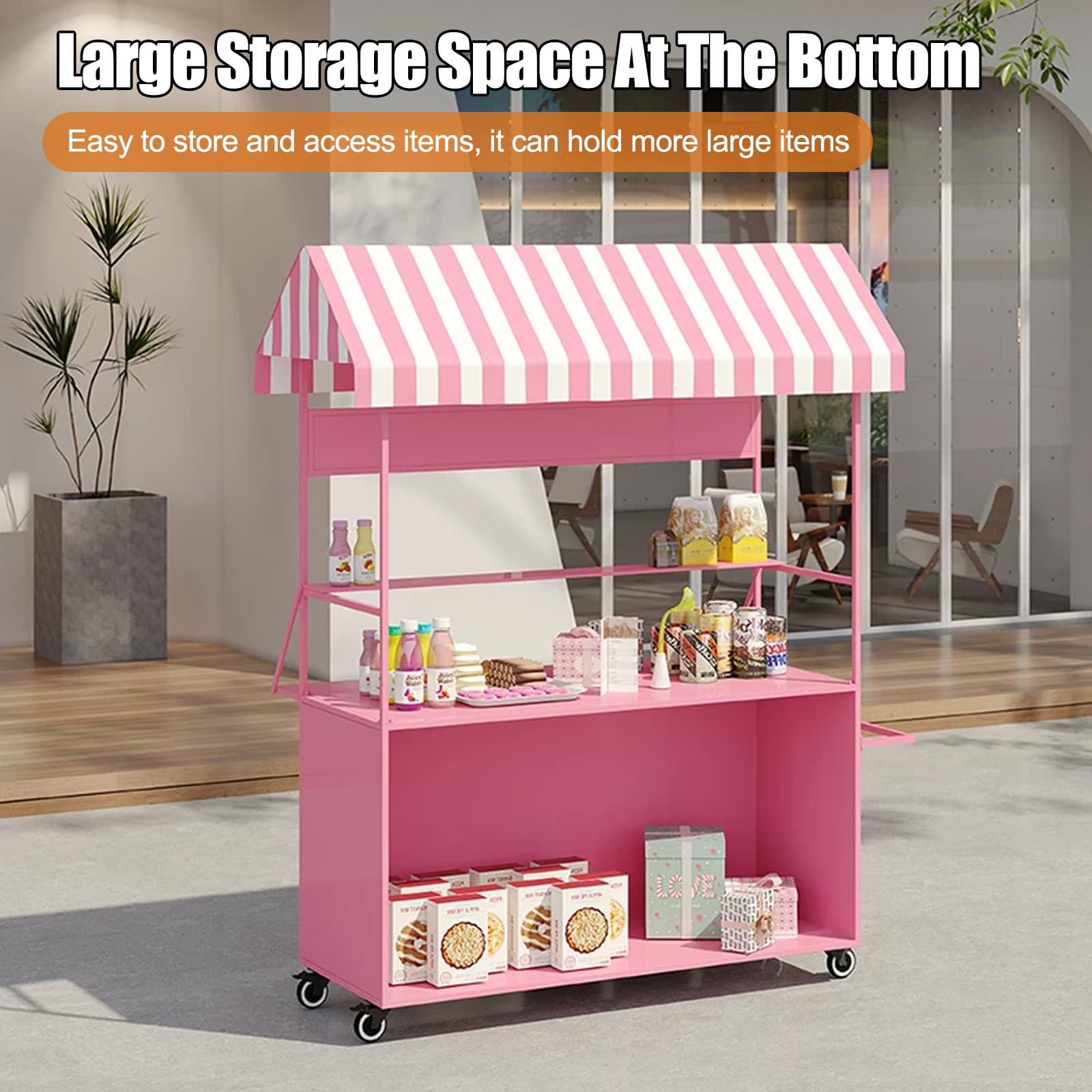 Carrello portavivande portatile con tettuccio, carrello mobile da 140 cm su ruote per eventi all'aperto e mercati di street food, stand in ferro resistente (giallo)