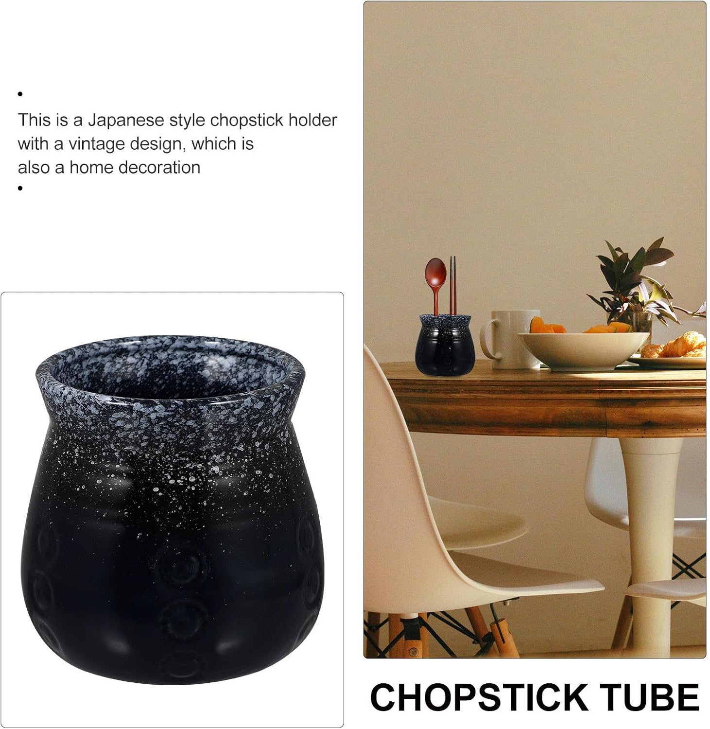 Japanese Style Ceramic Chopsticks Storage Holder for Kitchen Utensils, Elegant Black Multipurpose Crock for Chopsticks, Forks, and Spoons Vintage Home Decoration