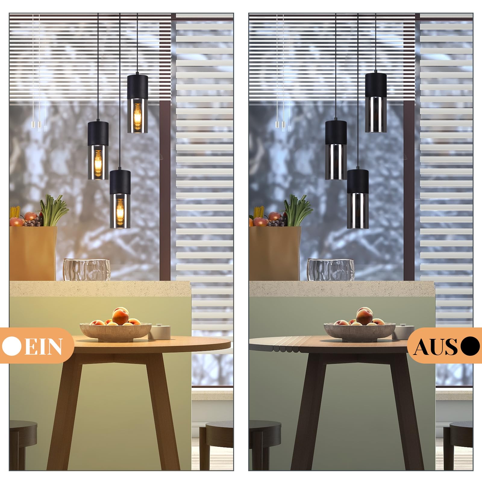Pendelleuchte Esstisch Hängeleuchte Schwarz - Hängelampe 3 Flammig Glas Rund LED Esstischlampen E27 Vintage Lampenschirm Leuchte für Esszimmer Schlafzimmer Treppe