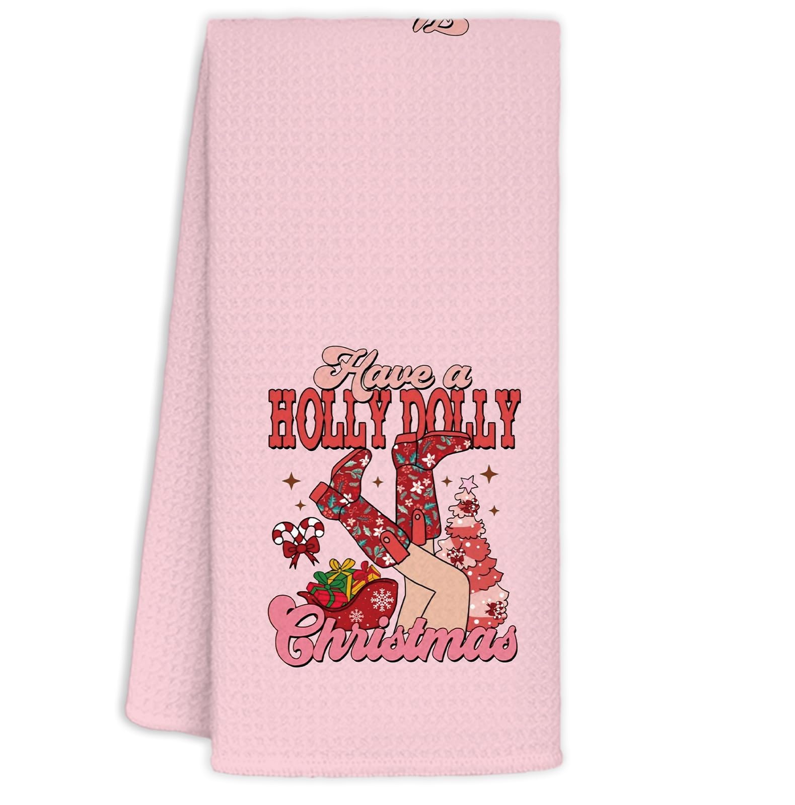 YTRGI Pink Western Christmas Kitchen Towels, Have a Holly Dolly Cowgirl Christmas Decorative Dish Tea Towels for Kitchen, Girly Country Xmas Hand Towel for Bathroom, 16x24 Inch