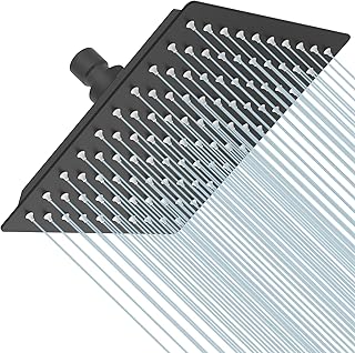 BESy 8 Inch Rain Shower Head, 8" Square Rainfall & High Pressure Stainless Steel Bath Showerhead, 1/16" Ultra Thin, Waterfall Full Body Coverage with Silicone Nozzle, Matte Black Finish