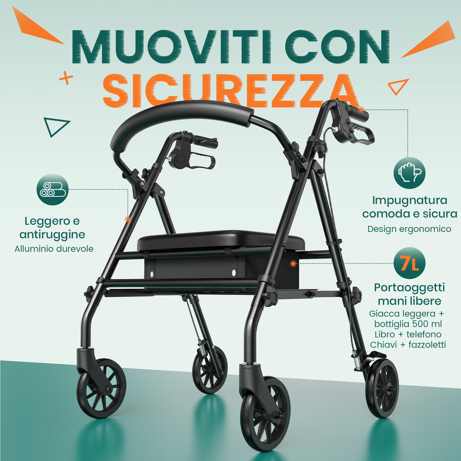 Deambulatore Rollator con Sedile e Spazio di Stoccaggio – Ausilio di Camminata Leggero e Pieghevole a 4 Ruote per Anziani e Disabili, Uso Interno ed Esterno, Nero