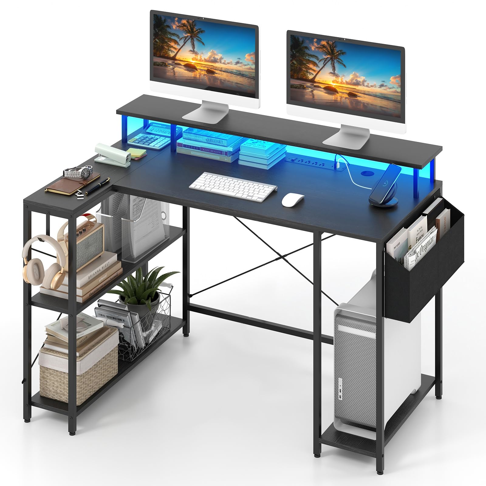 COSTWAY Scrivania Angolare da Gaming, Scrivania Salvaspazio a Forma di L con Luci LED, Stazione di Ricarica, Ripiani e Supporto per Monitor, Scrivania ad Angolo per Casa e Ufficio (Nero)
