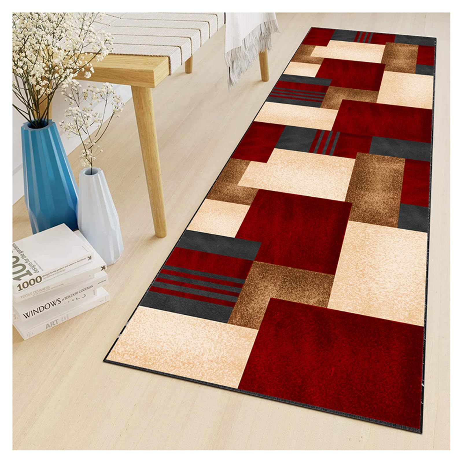Tappeto Passatoia per Cucina e Corridoio 50x350cm in Borgogna Beige - Tappeto Antiscivolo Lavabile Moderno a Pelo Corto, Design Geometrico per Soggiorno, Lavanderia, Entrata e Camera da Letto