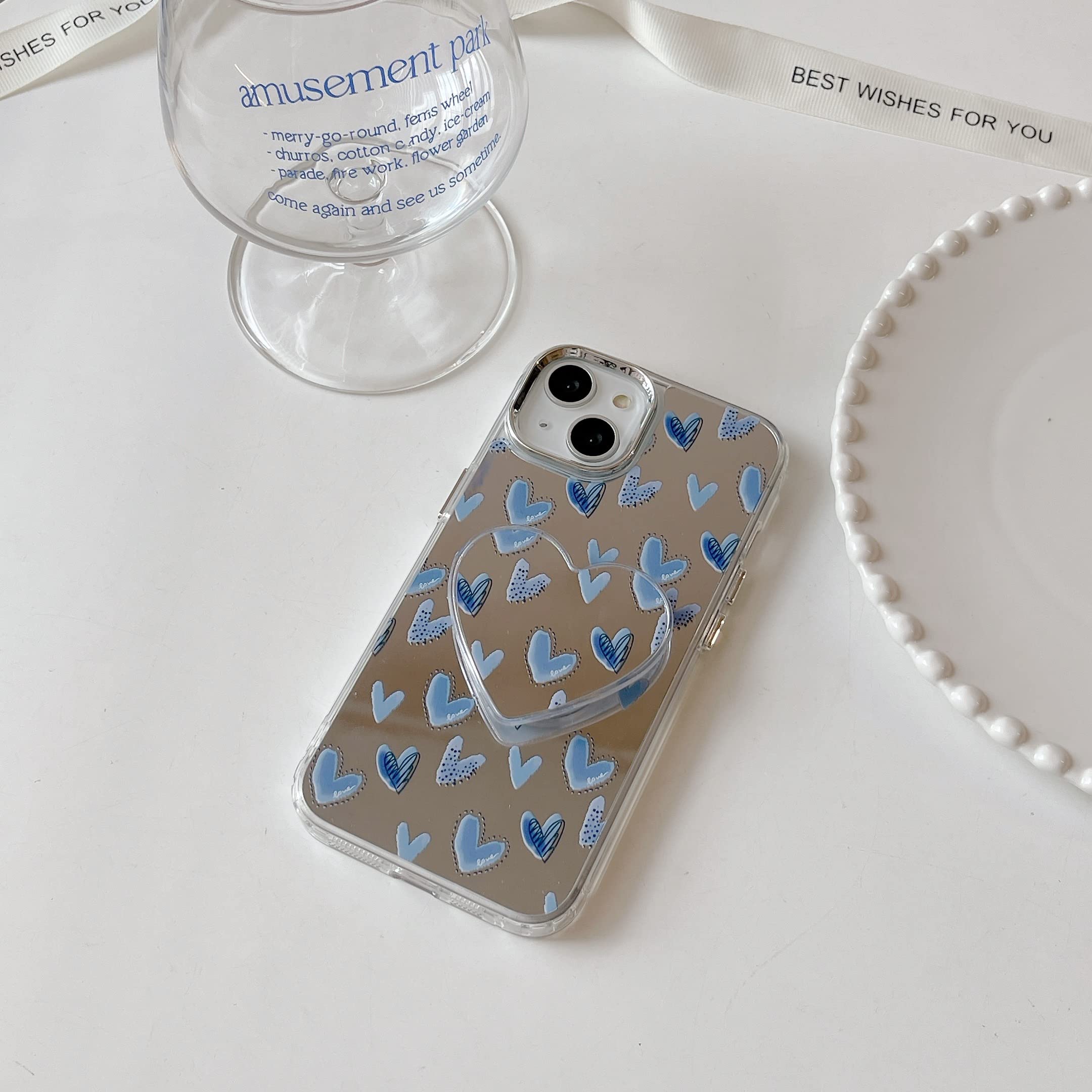 TIANLI Compatible with iPhone 13 Pro Max Mirror Case 6.7", Cute Love Heart Pattern with Love Heart Kickstand, Full Body Shockproof, Built-in Camera Lens Protector Phone Cover for Women Girls, Blue