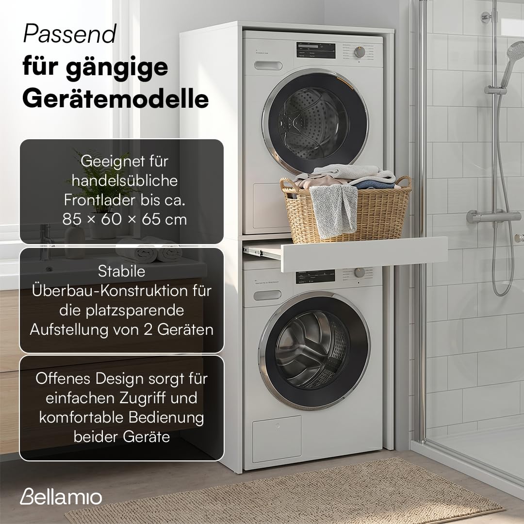 Bellamio Vist Waschmaschine Trockner Schrank – Waschmaschinenschrank mit ausziehbarer Ablagefläche – Waschturm Hochschrank 187x65x66cm mit Wandanschluss – Schrank kompatibel mit Standardgeräten – Weiß