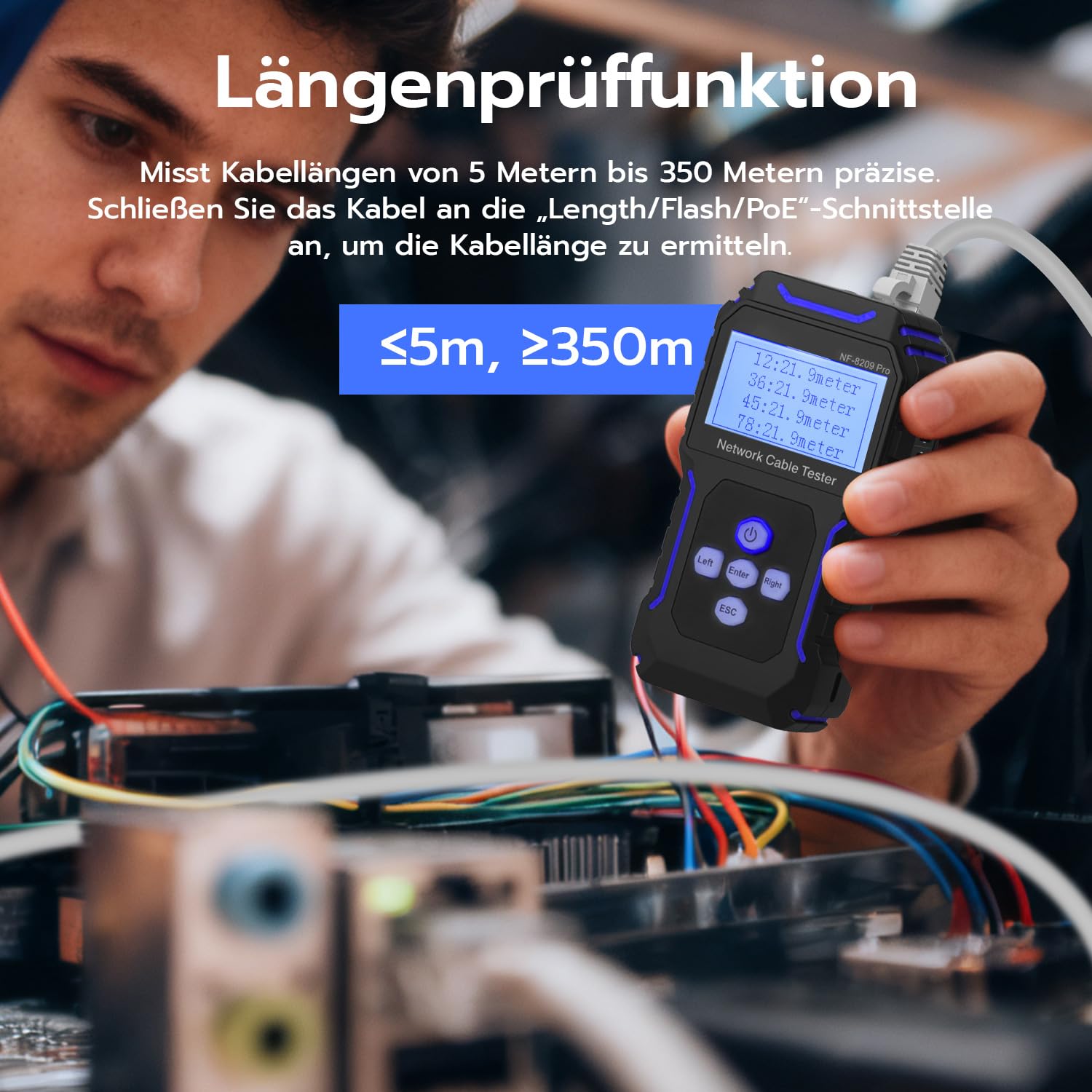 Mcbazel Netzwerk Kabeltester mit POE/NCV, Kabellängenmessung, Port-Blitz, Kabel Tracker