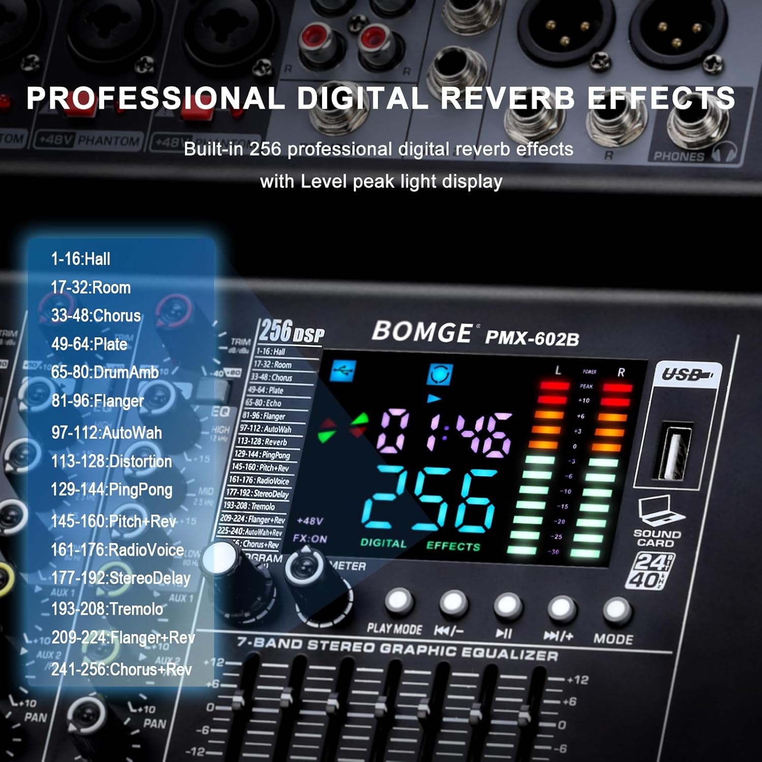Digital display showing DSP effects numbers and types, with a hand adjusting the program knob.