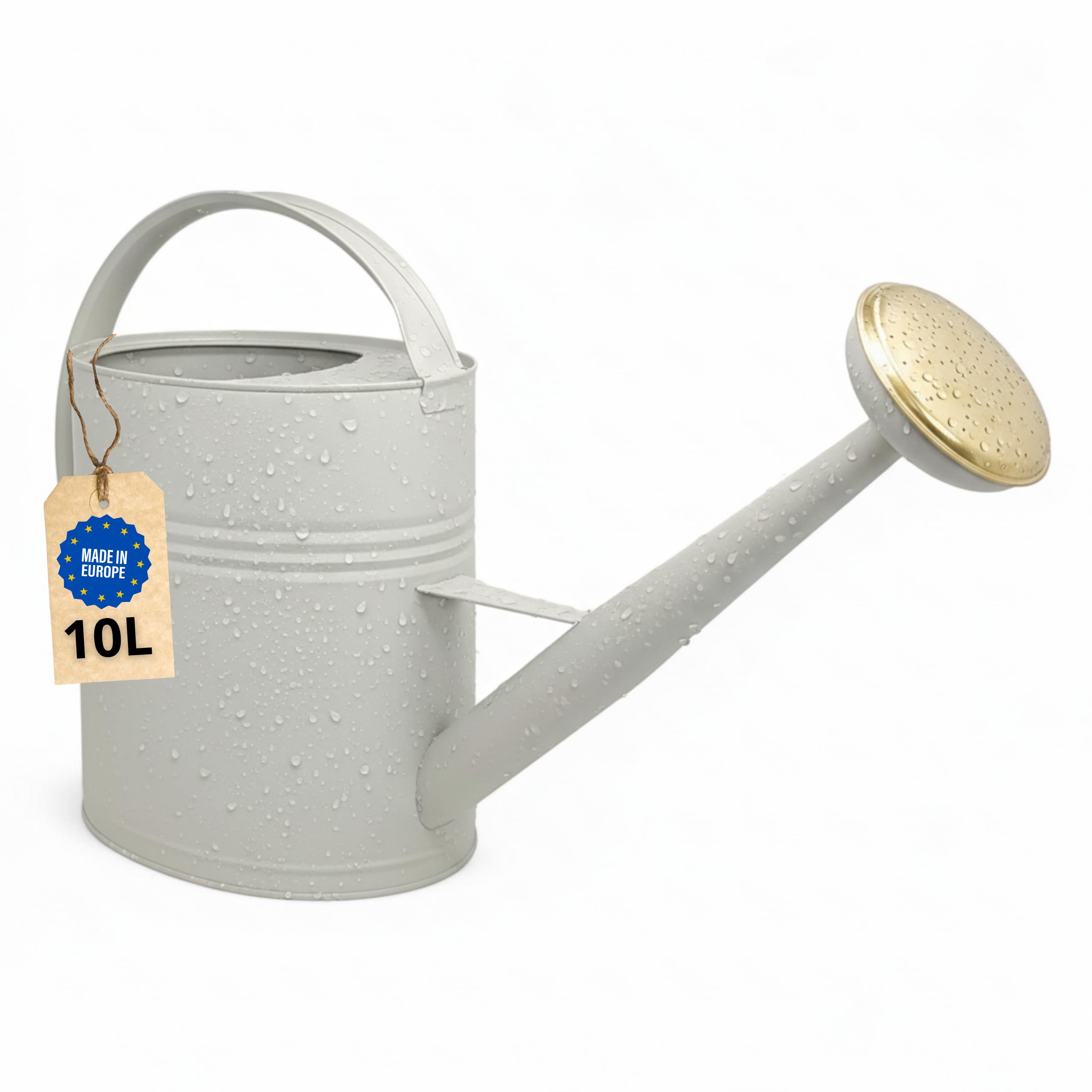 Gießkanne 10l, Gießkanne Metall für Garten & Balkon, Hochwertige Giesskanne 10 Liter aus verzinktem Metall, Gießkanne mit abnehmbarer Brause, Gießkanne Retro mit Messingbrause, Gießkanne Greige