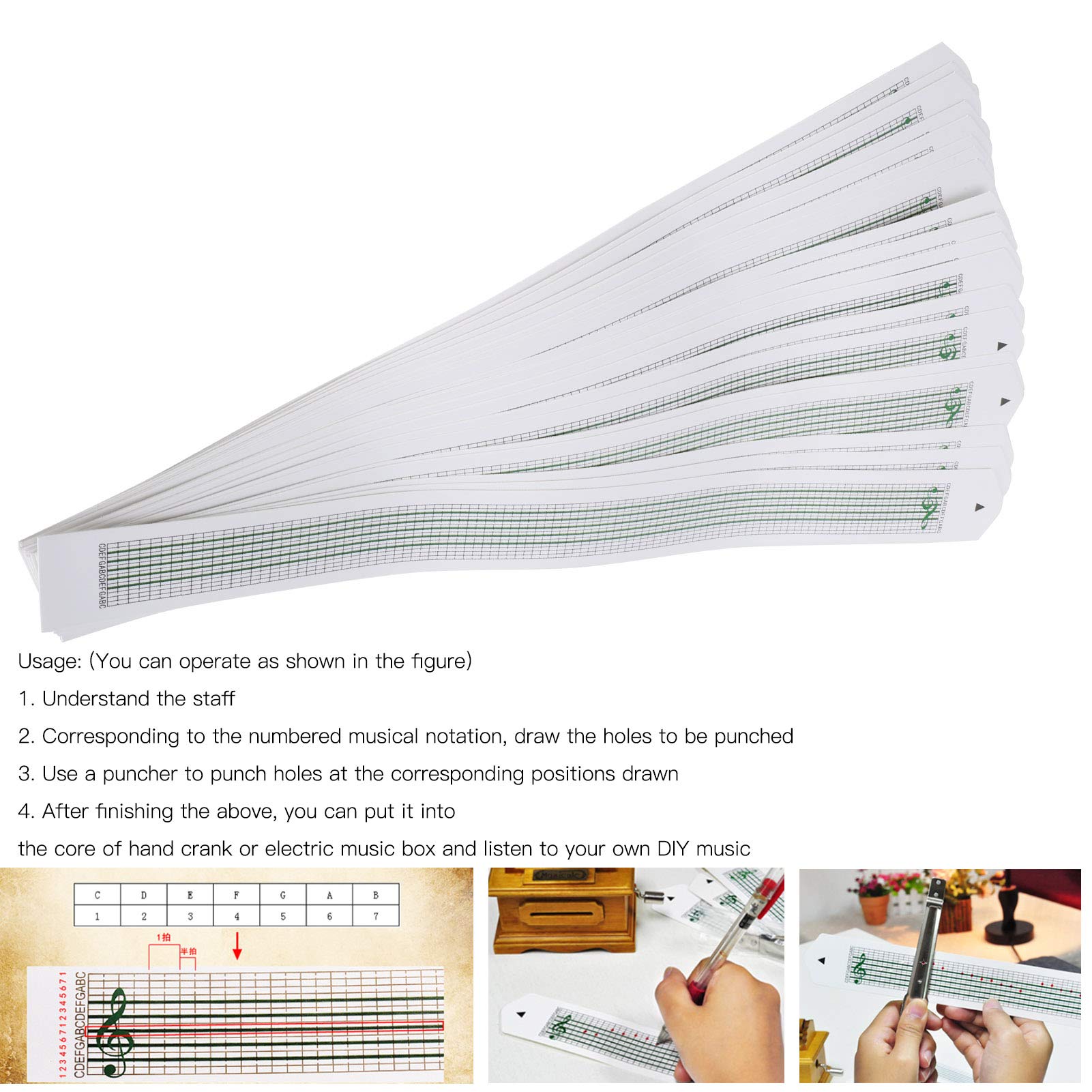 Boîte à Musique Vierge 50m Bande De Papier DIY Composition Boîte à Musique à Manivelle Bandes De Papier (30 Notes