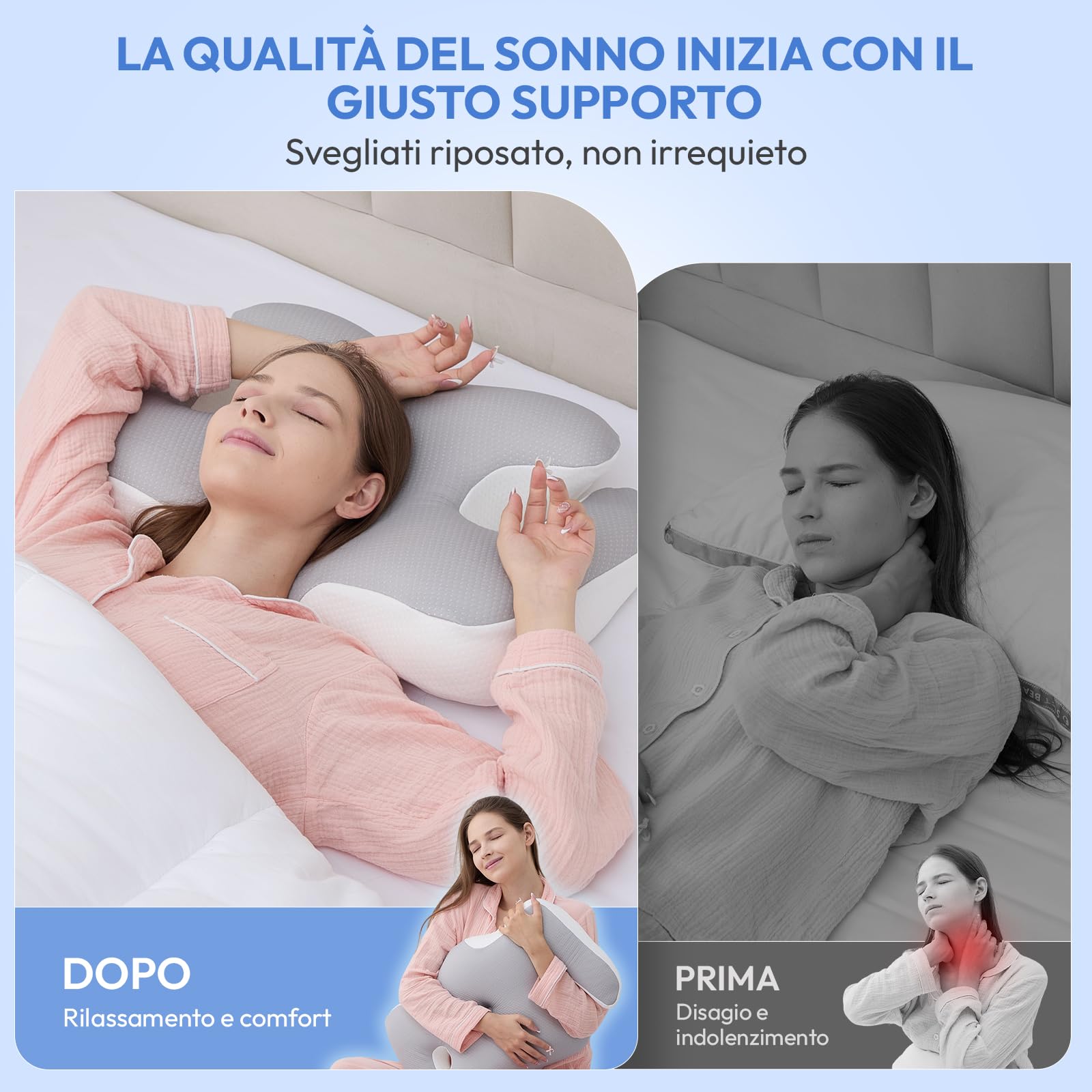 Cuscino Cervicale Memory Foam per Dormire:60 x 40cm Cuscino Ortopedico Cervicale con Federe Rimovibili e Lavabili - Cuscino Ortopedico Ergonomico per Chi Dorme sul Fianco Sulla Schiena e Sullo Stomaco
