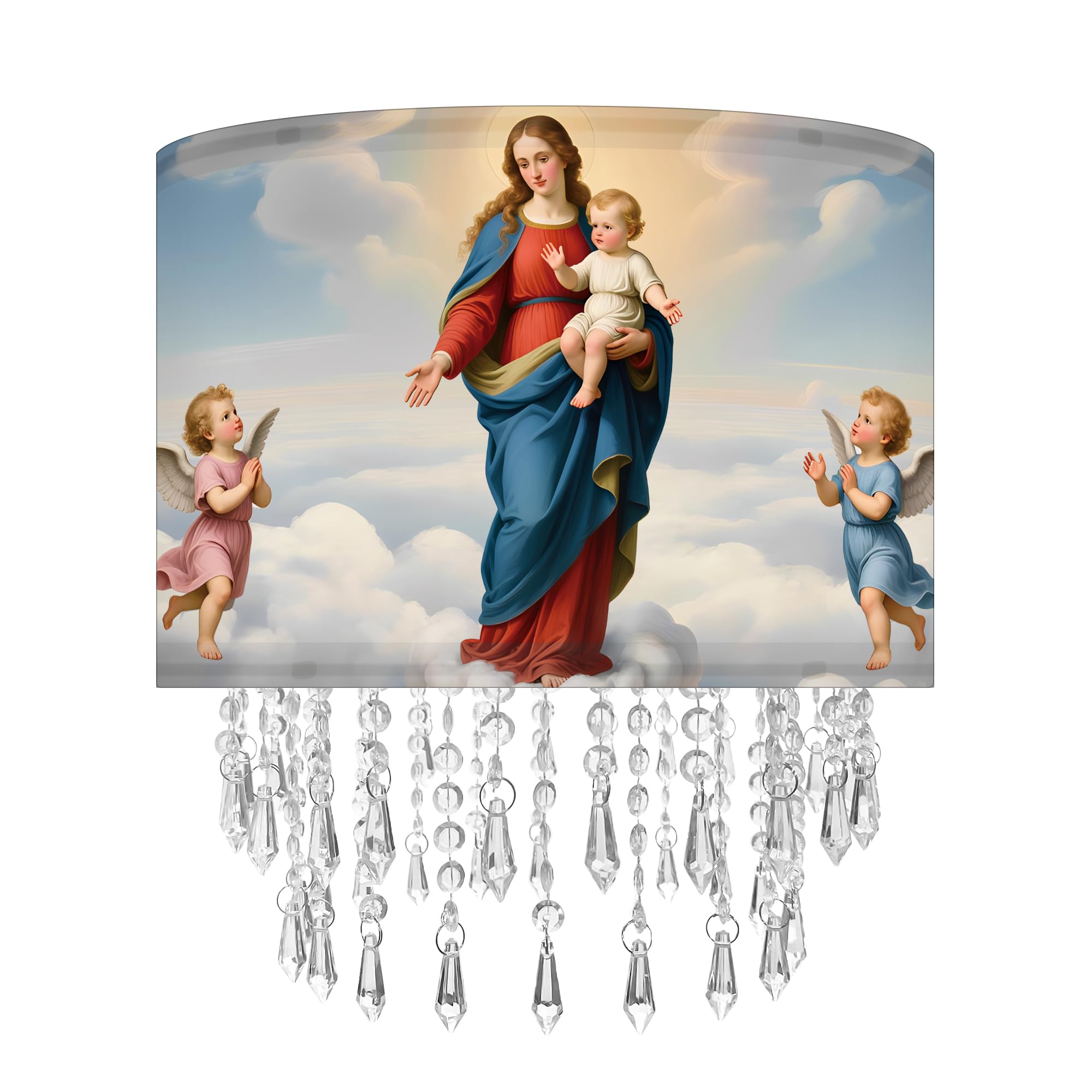 Madonna & Child Light Shade with Acrylic Bead Droplets, Drum Fabric Lampshade for Ceiling Pendant Table & Floor Lamps, Religious Catholic Christian Church Prayer, 30cm โ image 1