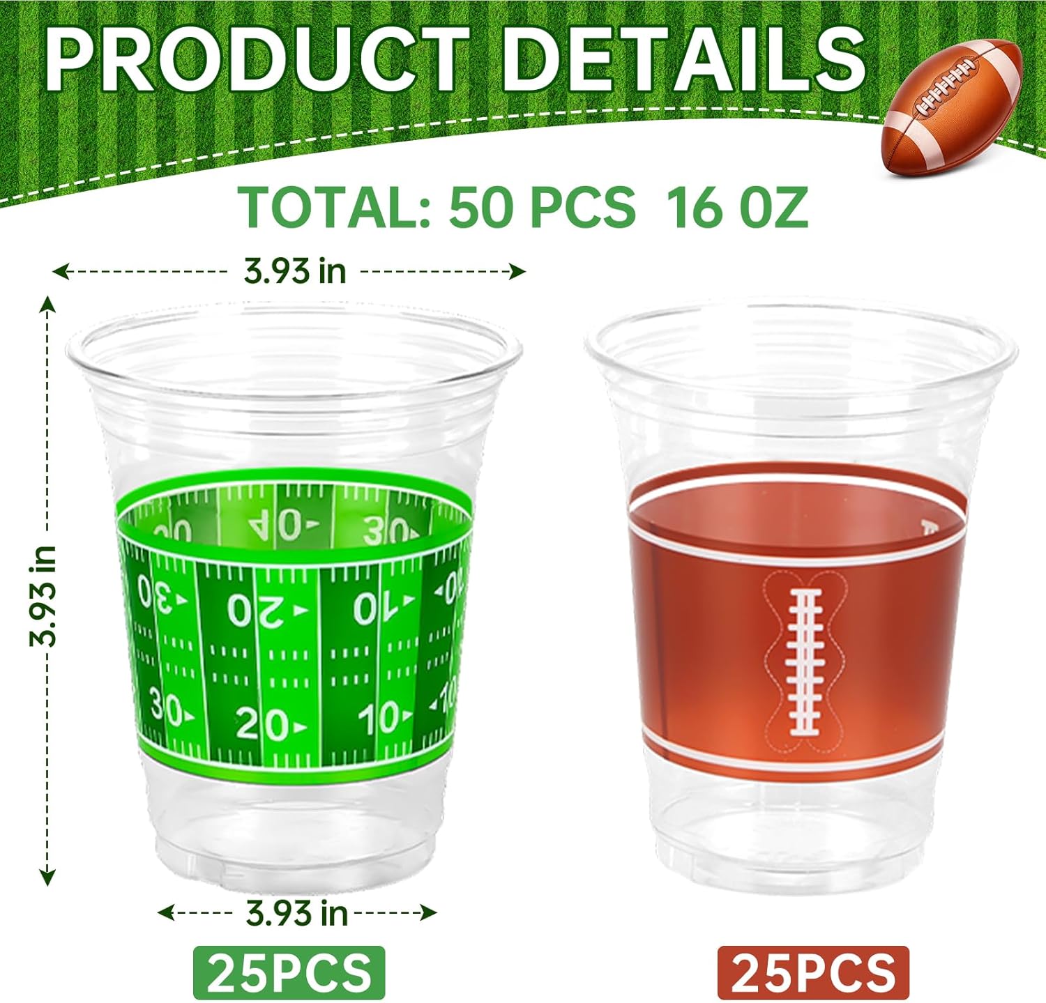 Football Cups Football Party Decorations 50Pcs 16oz Disposable Game Cup Tailgate Events Drinkware Decorations for Football Party Supplies Touchdown Favors Football Birthday Party Decorations - Image 3