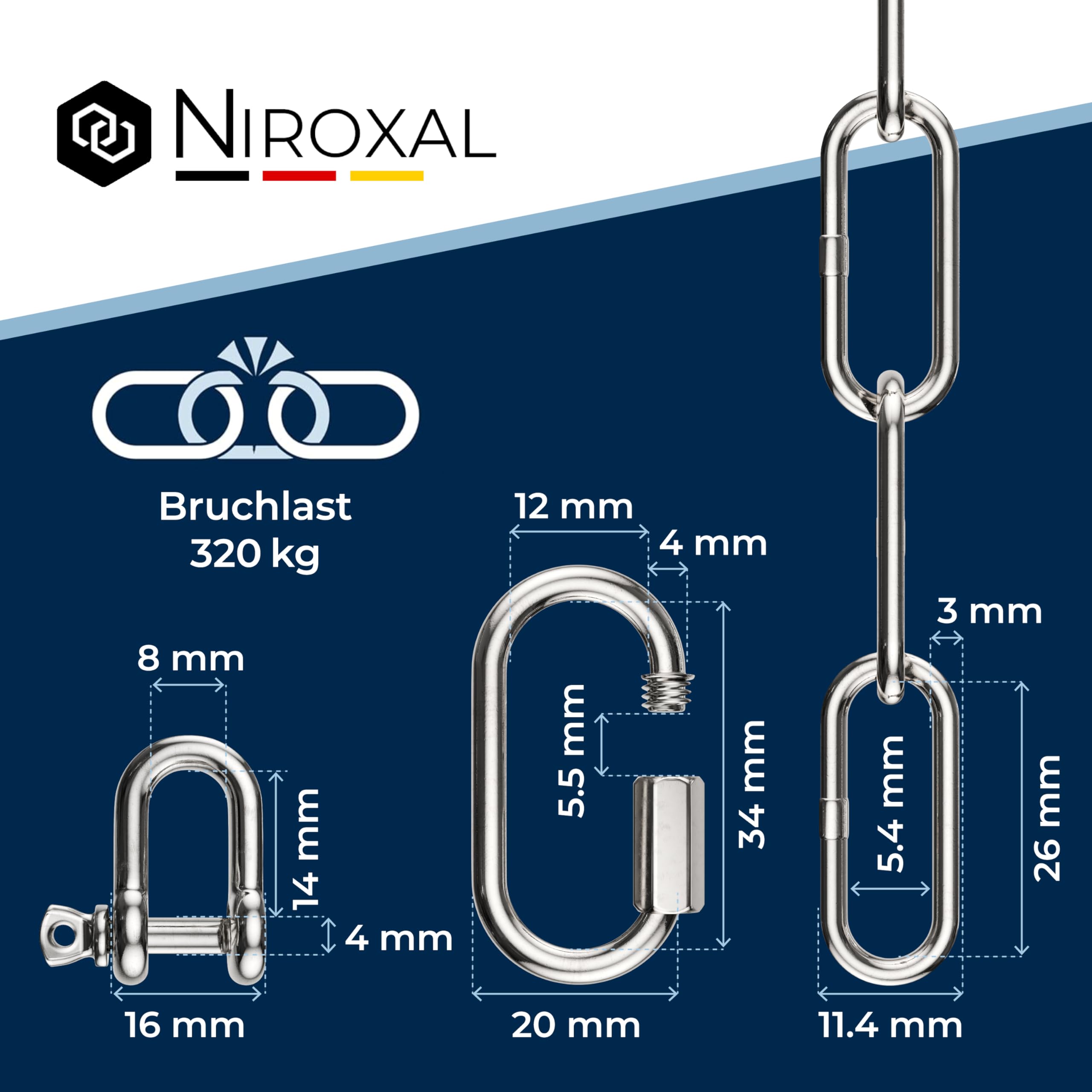 Edelstahl V4A (A4) Ketten Verlängerung 3 mm – 50 cm – 1 Ketten – inkl. 2 Schraubverbinder & 2 Schäkel – bis 350 kg