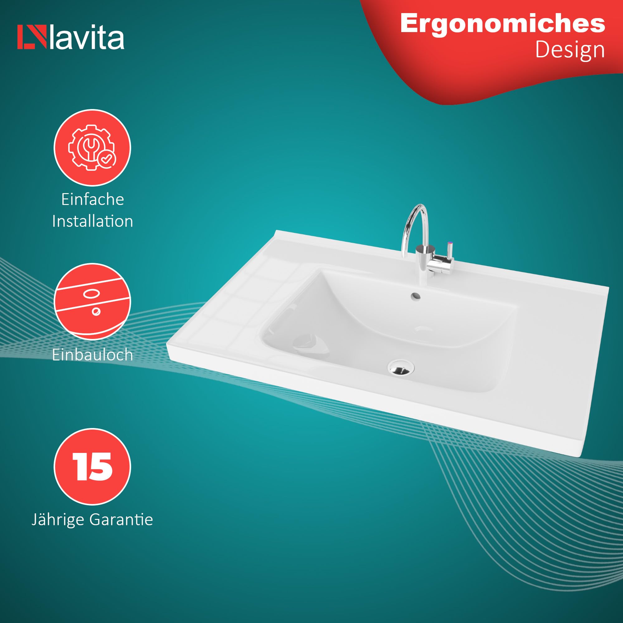 LAVITA Lavabo para muebles Kansas 800, lavabo con rebosadero y orificio para grifo, de porcelana de alta calidad, 81 x 49 x 21 cm, color blanco brillante