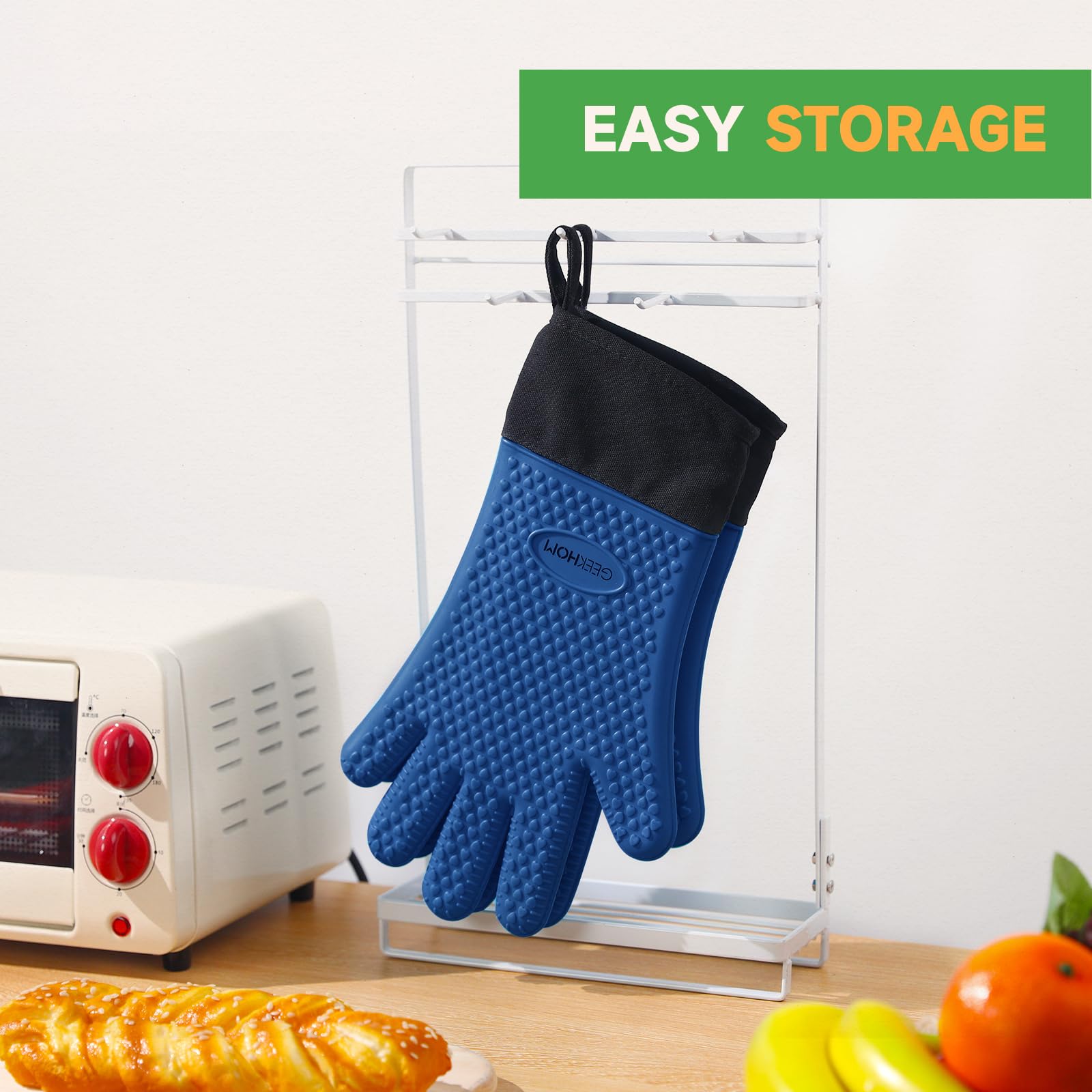 Guantes de Horno y Barbacoa Resistentes al Calor: GEEKHOM Silicona Impermeable - 44 cm Antideslizantes para Parrillas/Horno Profesional/Microondas, Protección Anti-Escaldaduras
