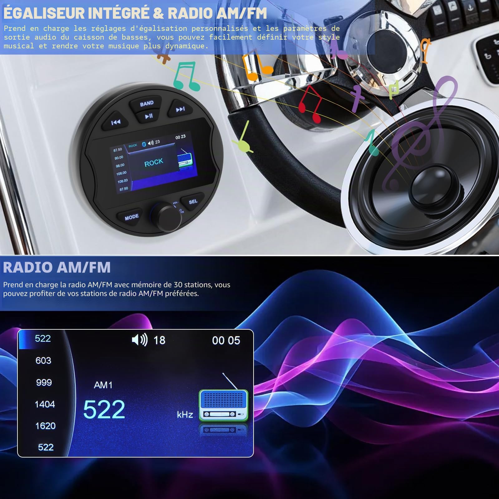 Radio marine RCA caisson de basses stéréo MP5 Lecteur multimédia pour BT & FM/AM Fonctionnel USB IPX6 étanche pour bateau et utilisation professionnelle