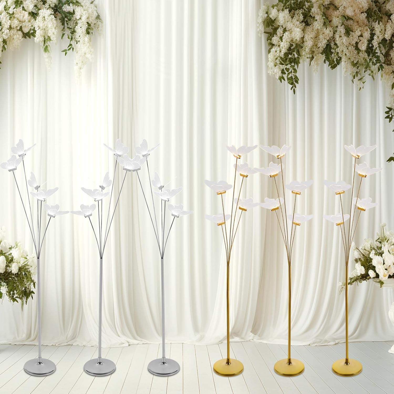59”Butterfly Wedding Floor Lamp, Set of 3 LED Butterfly Standing Lights, 5-Head Butterflies Floor Lamp with Silver Pole & White Light for Indoor Outdoor Wedding Decor, Party
