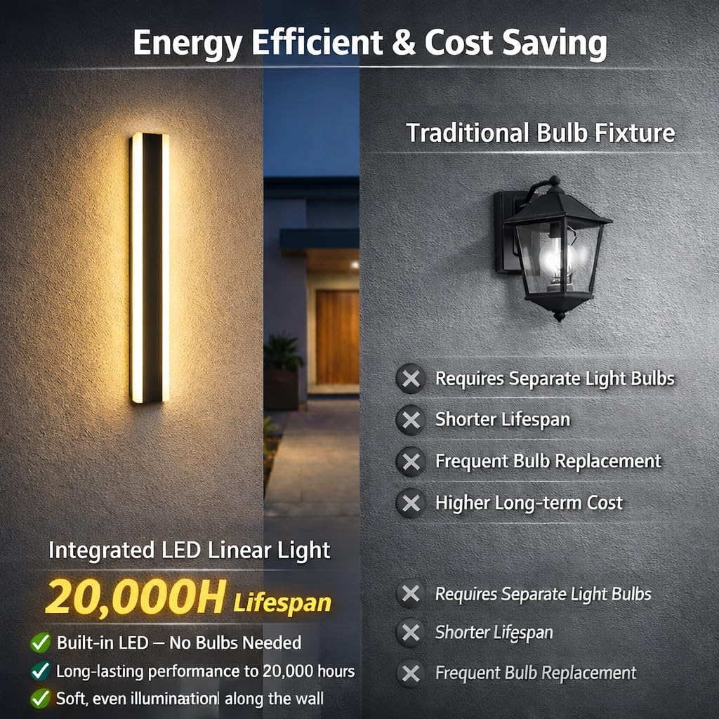 Modern Linear Outdoor Wall Lights, 24" LED Exterior Wall Sconce for Porch & Garage, IP65 Waterproof Architectural Facade Lighting, 3CCT Dimmable Matte Black Fixture for Front Door Entryway