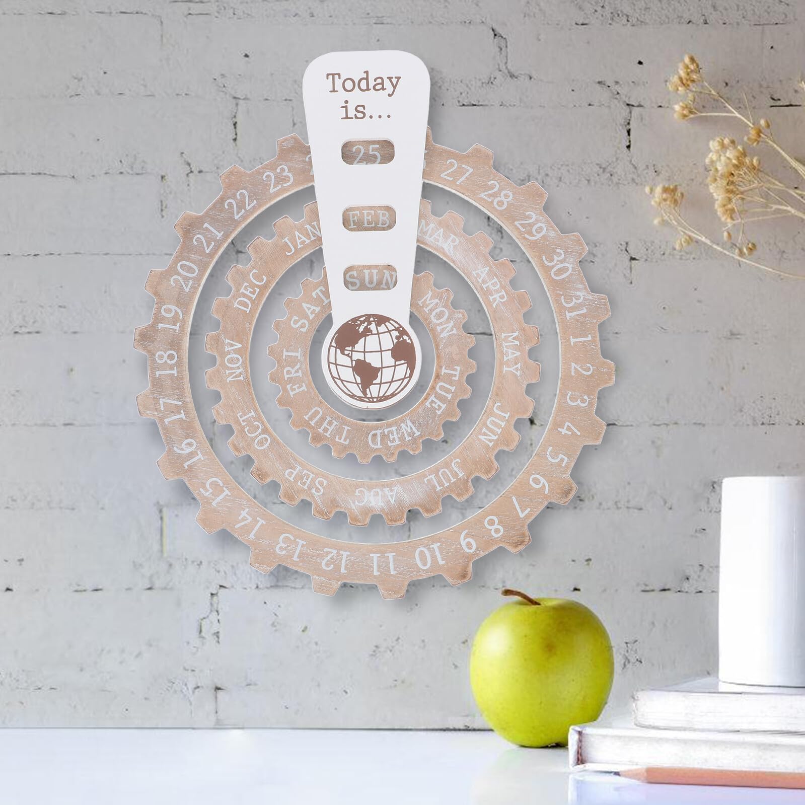 Calendario Perpetuo in Legno Rotazione Manuale Design Rotondo da Appendere Visualizzazione Data Circolare Stile Vintage per Casa e Ufficio