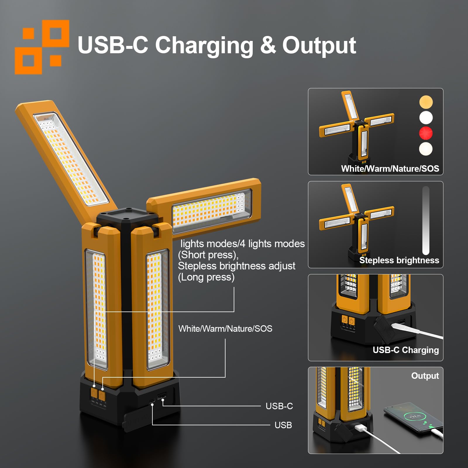 iodoo Projecteur de Chantier LED à Batterie Solaire Avec Trépied, Batterie D'une Capacité de 13200 mAh, Lampe Chantier Luminosité de 8000 Lumens (Orange avec télécommande)