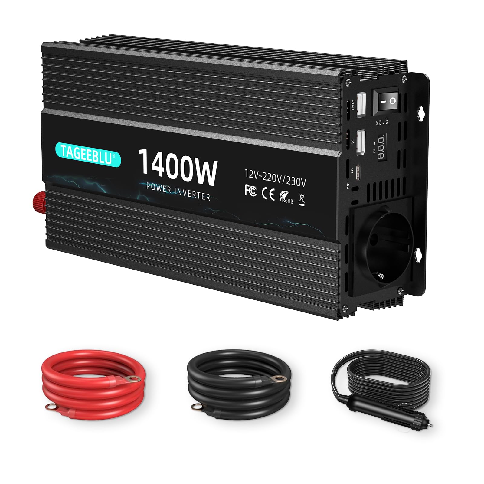 Falownik 1400 W, 12 V na 230 V, przetwornica napięcia 12 V 230 V | Z 1 gniazdkiem, typ C 20 W, szybkie ładowanie USB 20 W, wskaźnik LED