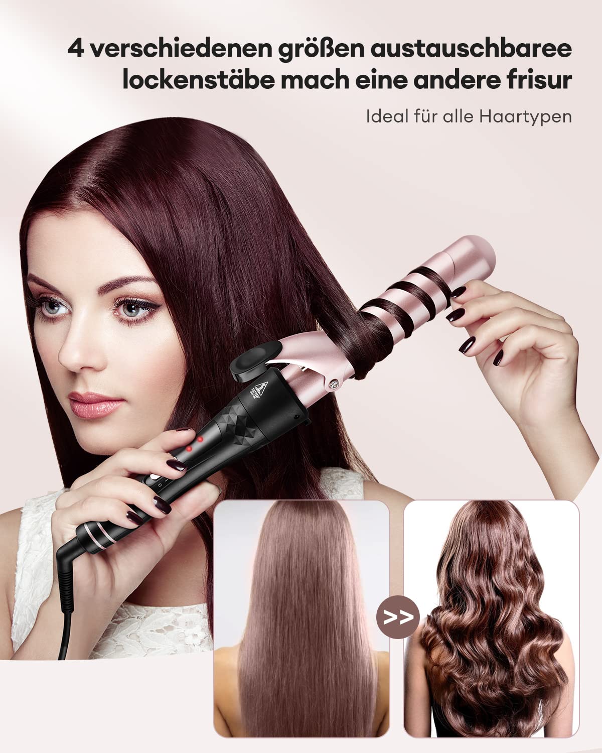 Set Arricciacapelli 4 in 1 con,Spazzola Arricciacapelli e 3 Ferri Arricciacapelli Intercambiabili,Ferro Arricciacapelli in Ceramica Tormalina Multifunzionale da 9-38 mm Per Ricci Grandi e Piccoli