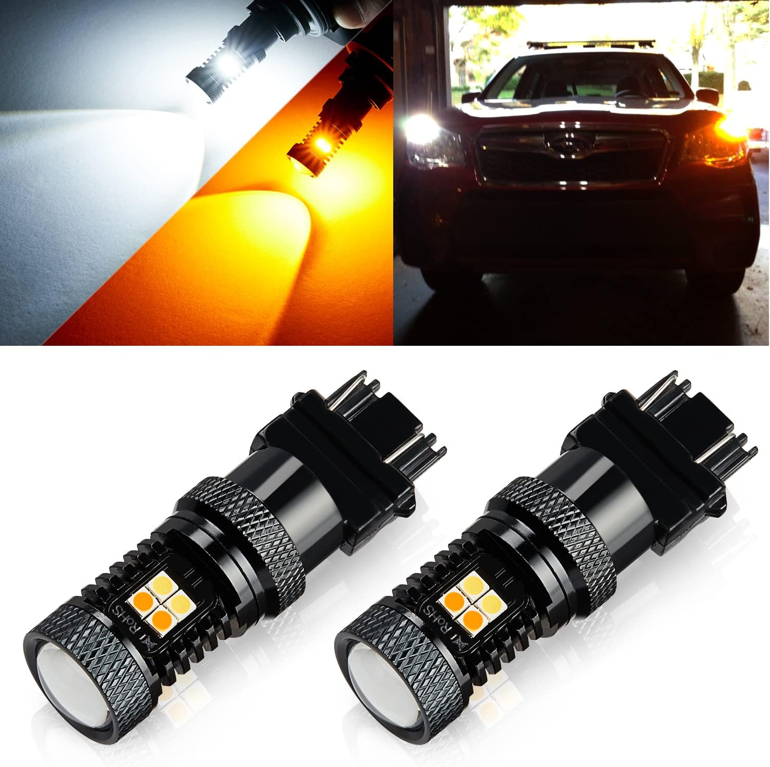 Extremely Bright 3157 3057 3155 3457 4057 4157 White/Amber Switchback LED Bulbs 3030 Chipsets with Projector for Turn Signal Lights (Pack of 2)