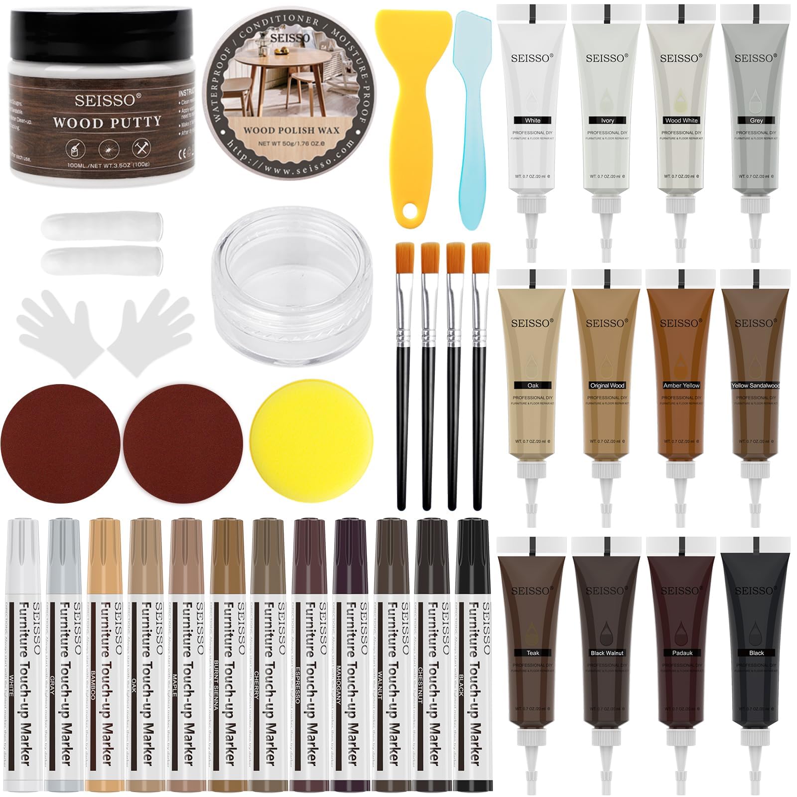 SEISSO Kit De Réparation De Meubles En Bois 39 Pièces, Pâte De Réparation De Mastic À Bois, Marqueurs De Retouche, Mastic À Bois Blanc, Huile De Cire, Pour Les Meubles En Bois, Les Planchers