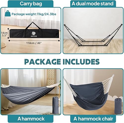 Miniatura 6 de Anyoo Hamaca y silla oscilante 2 en 1 con soporte de acero plegable y funda de transporte, portátil y ajustable, fácil de instalar, perfecta para