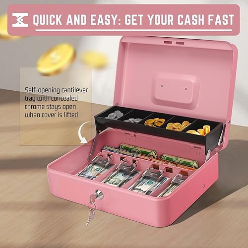 Miniatura 4 de Flexzion Caja de efectivo con llave, caja de dinero para negocios en efectivo, cajero y dinero pequeño, caja de metal con llave de bloqueo, bandeja