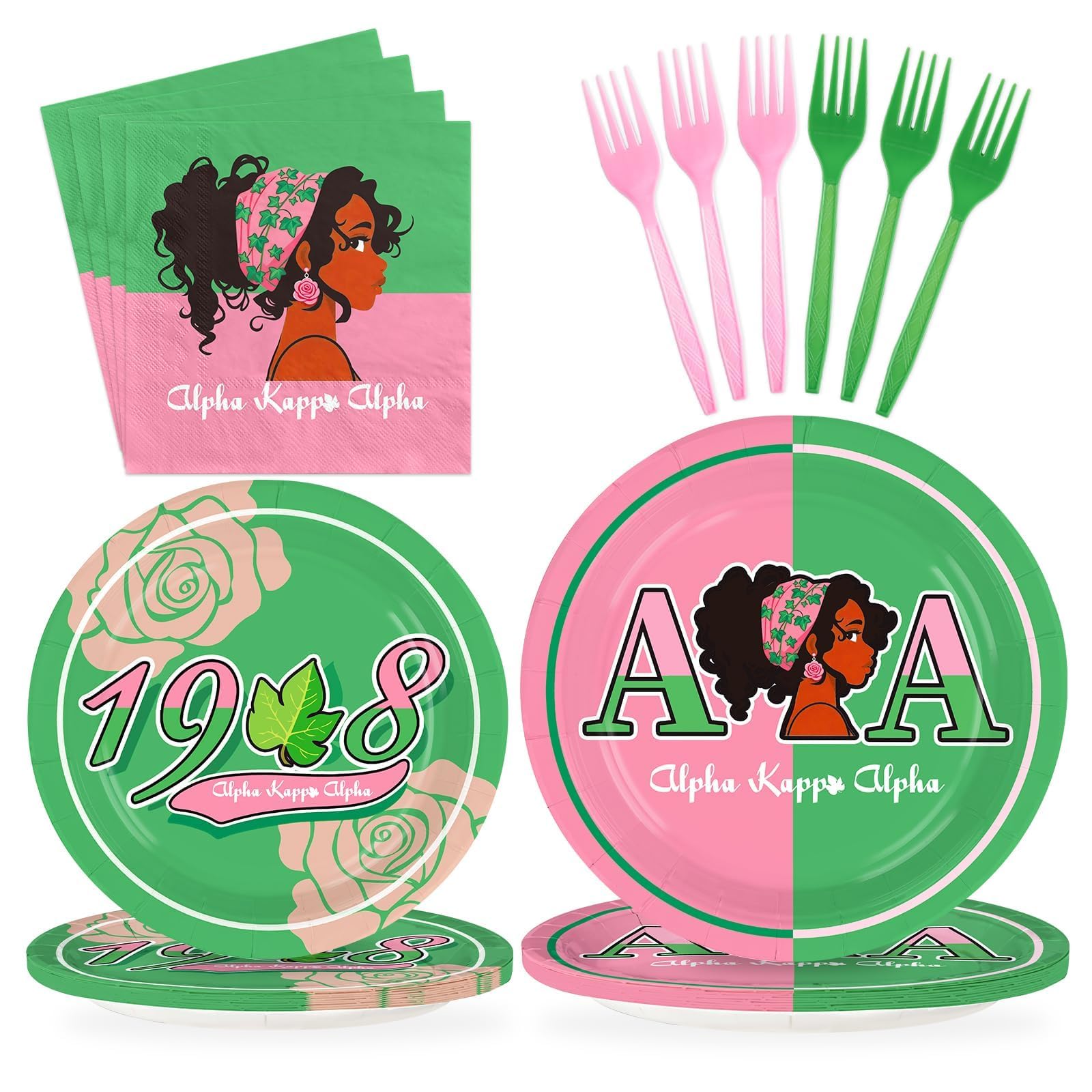 Grencian 96Pcs AKA Party Supplies AKA Plates and Napkins Disposable Hip Hop Style 1908 Pink Green Paper Tableware Set for Women Girls Sorority
