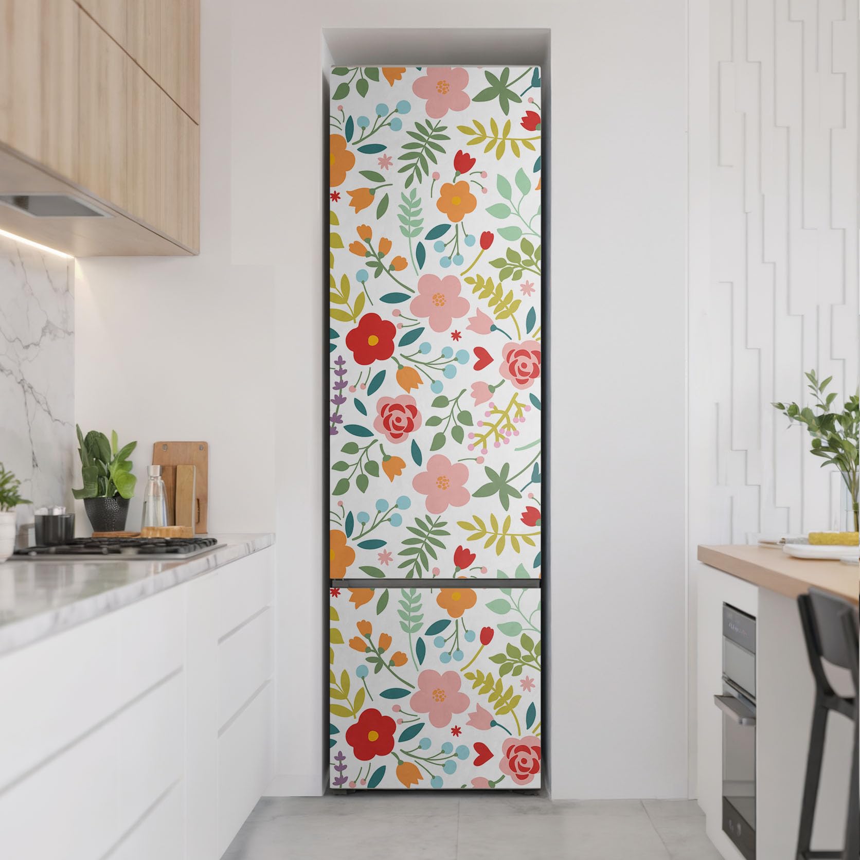Aufkleber für den Kühlschrank 60x205 cm Matt Dekorfolie Dekoration für Küche in vielen Designs Kühlschrankfolie Selbstklebend Schutz vor Beschädigungen - Fröhliches Blumenmuster