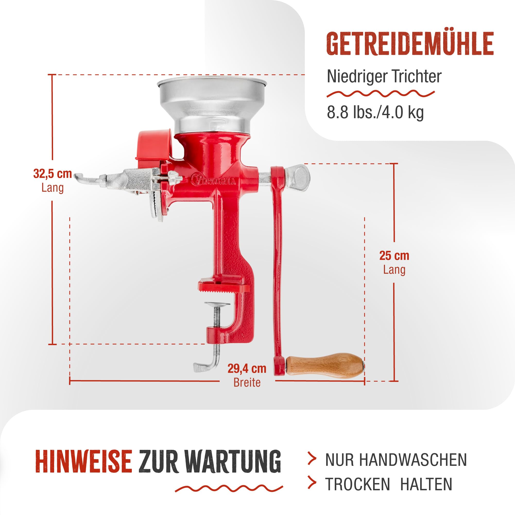 Victoria Getreidemühle Manuelle Gusseiserne Handmühle zum Mahlen von Kaffee, Mais, Hafer, Saatgut, Dicke Einstellbar, Kornmühle mit Niedrigem Trichter und Tischklemme, Grain Grinder Rot