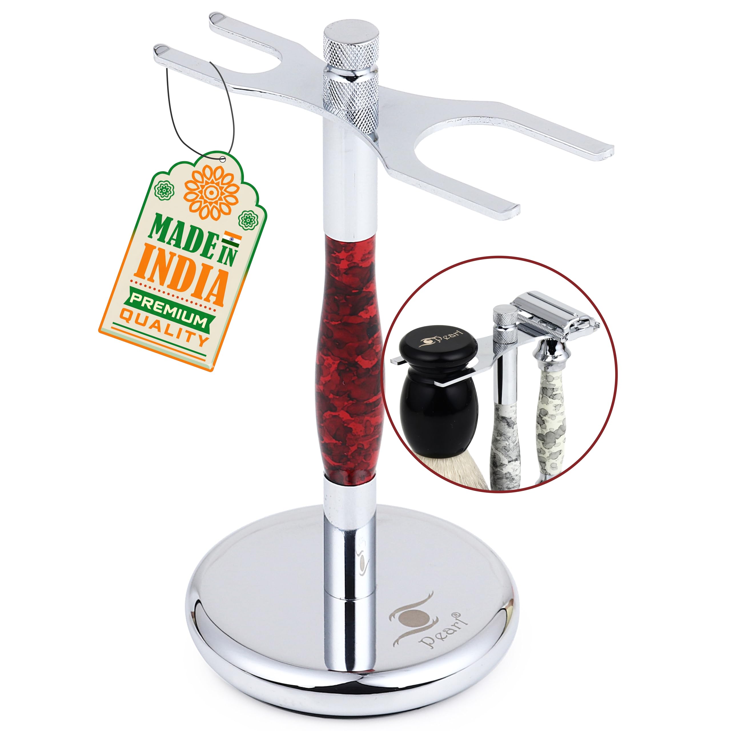 PEARL Shaving Premium Razor and Brush Holder Stand for Safety & Cartridge Razor- Deluxe shaving Kit to elongate the life of Shaving Brush and Shaving Razor | Marble Red | Raksha Bandhan Gift Option