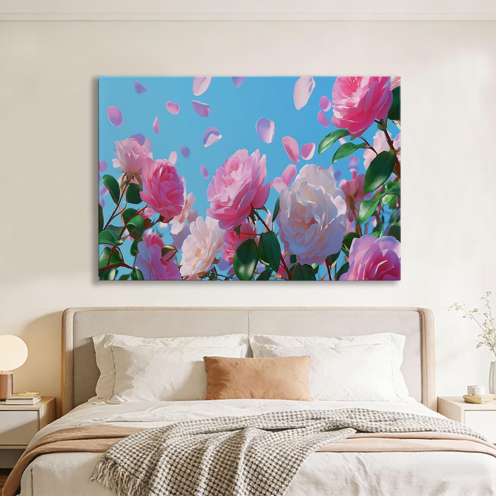 Sztuka ścienna na płótnie, różowe i białe płatki róży, 100 x 75 cm, sztuka ścienna z haczykami, oprawione wydruki na płótnie do salonu, sypialni, przedpokoju, biura, gotowa do powieszenia