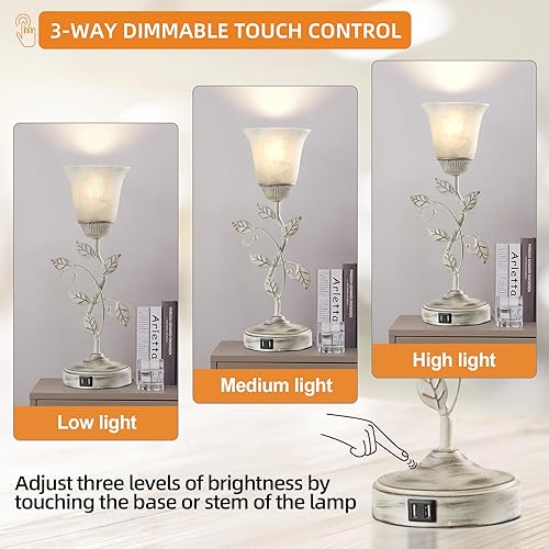 Miniatura 3 de RORIANO Lámpara de mesa táctil rústica para dormitorio, lámpara de mesa de noche regulable de 3 vías con 2 puertos USB, lámpara de escritorio retro