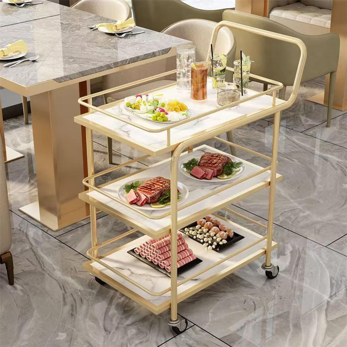 Chariot de bar en métal sur roulettes avec garde-corps et roulettes verrouillables, chariot de service mobile pour boissons, parfait pour la maison, le salon ou les fêtes de salle à manger