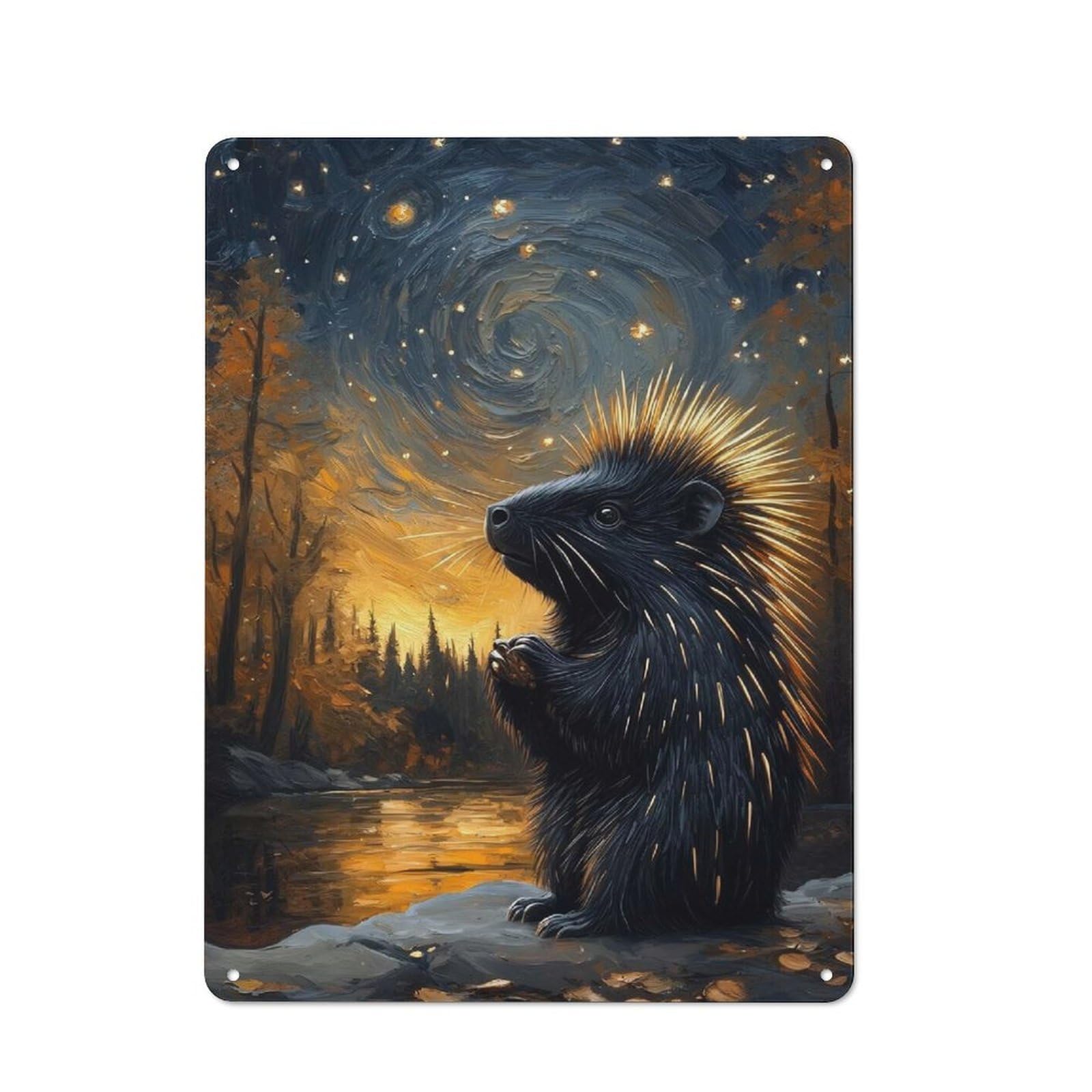 Junmoney Style-2 Country Style Porcupine Under Starry Night Sky Painting Decorative Metal Sign 40X30cm, Bistro Wall Plaque For Restaurant, Kitchen, Counter Or Breakfast Nook