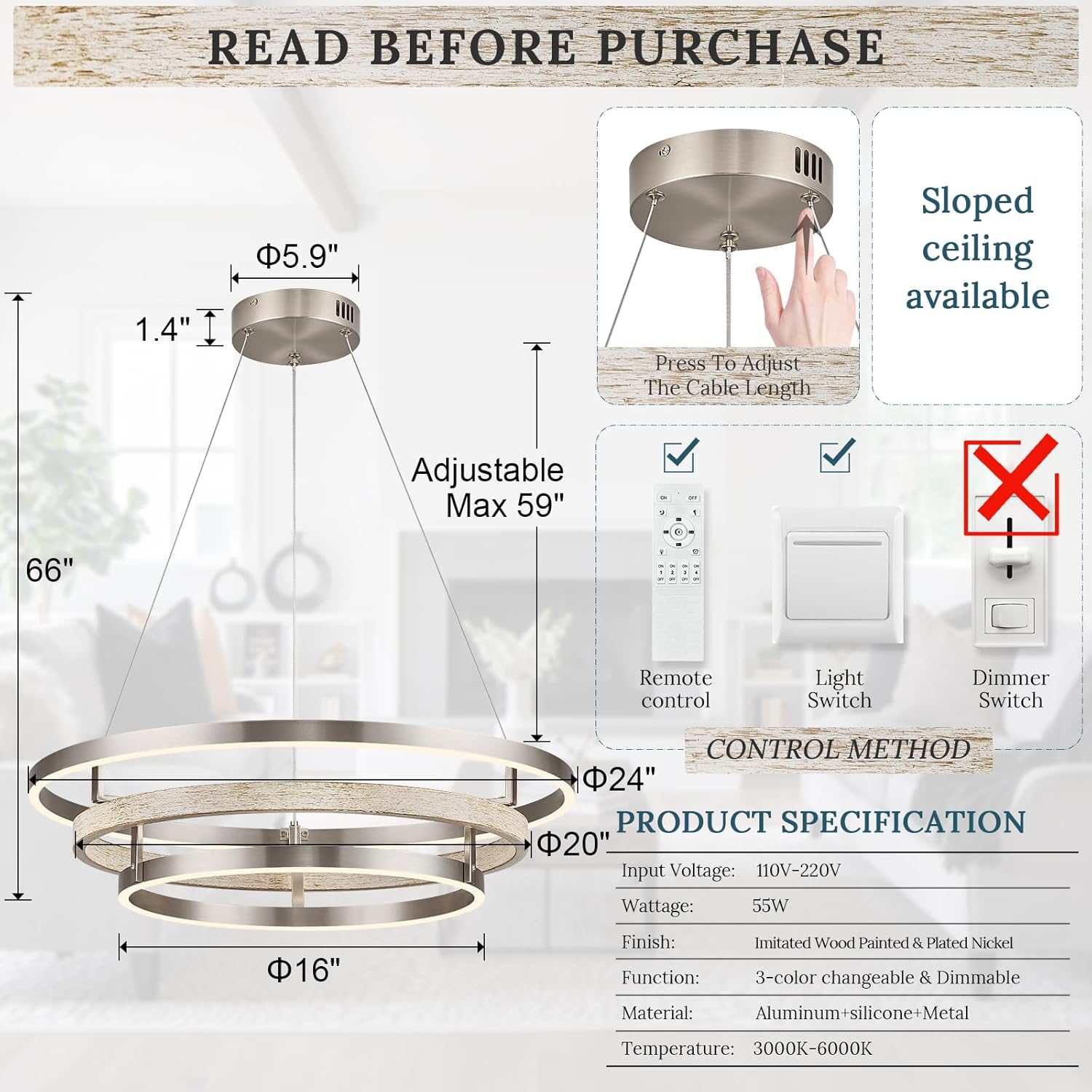 3 Ring LED Chandelier Nickel Round Chandelier Light Fixture Dimmable Foyer Chandeliers Light Weathered Wood Circular Chandeliers for Dining Room Entry Bedroom Office Living Room