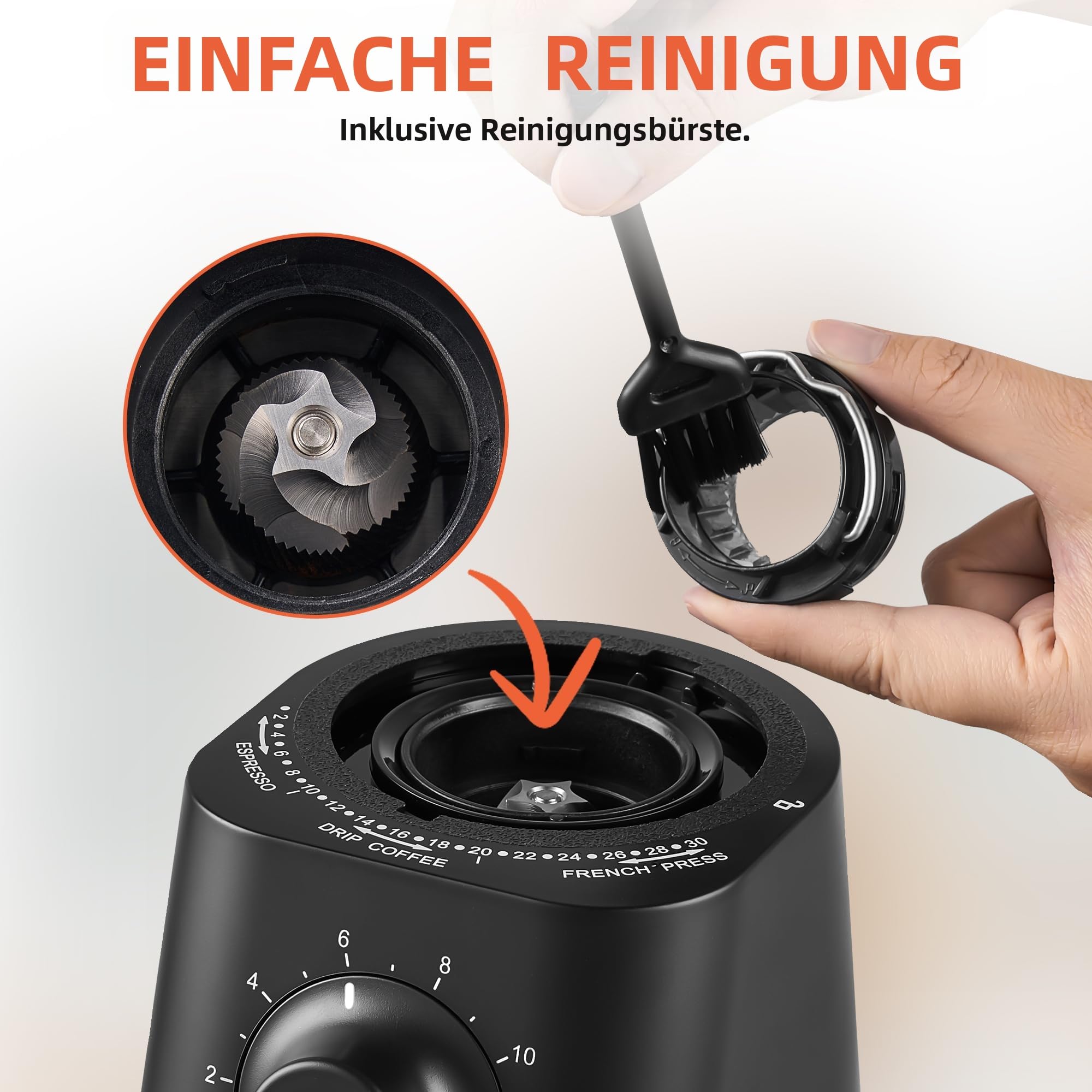 CHEFFANO Elektrische Kaffeemühle mit Kegelmahlwerk, 150W Kaffeebohnenmühle mit 30 Mahlgraden, Kaffeemühle elektrisch für 2-12 Tassen, Einstellbare Kaffeemenge & Abnehmbarer Bohnenbehälter