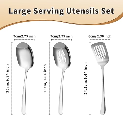 Miniatura 2 de Juego de 3 cucharas de servir de acero inoxidable, utensilios de servir grandes 188, incluye cuchara de servir, cuchara ranurada, espátula ranurada,